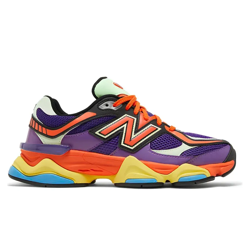 New Balance 9060 Prism Purple Vibrant Spring u kombinaciji ljubičaste i narandžaste boje — bočni pogled