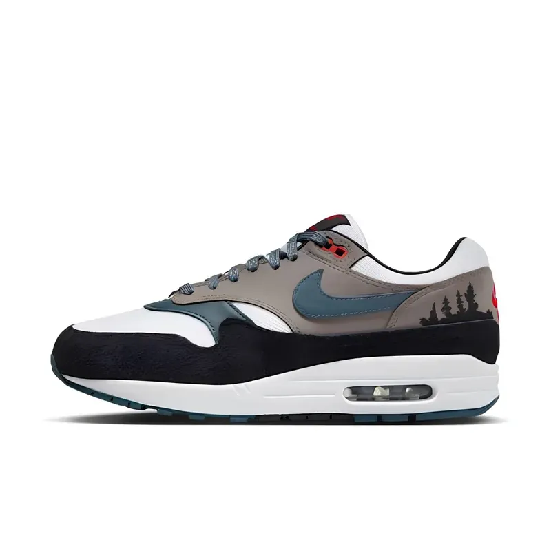 Nike Air Max 1 Premium Escape Treeline u kombinaciji sive i crne boje — bočni pogled