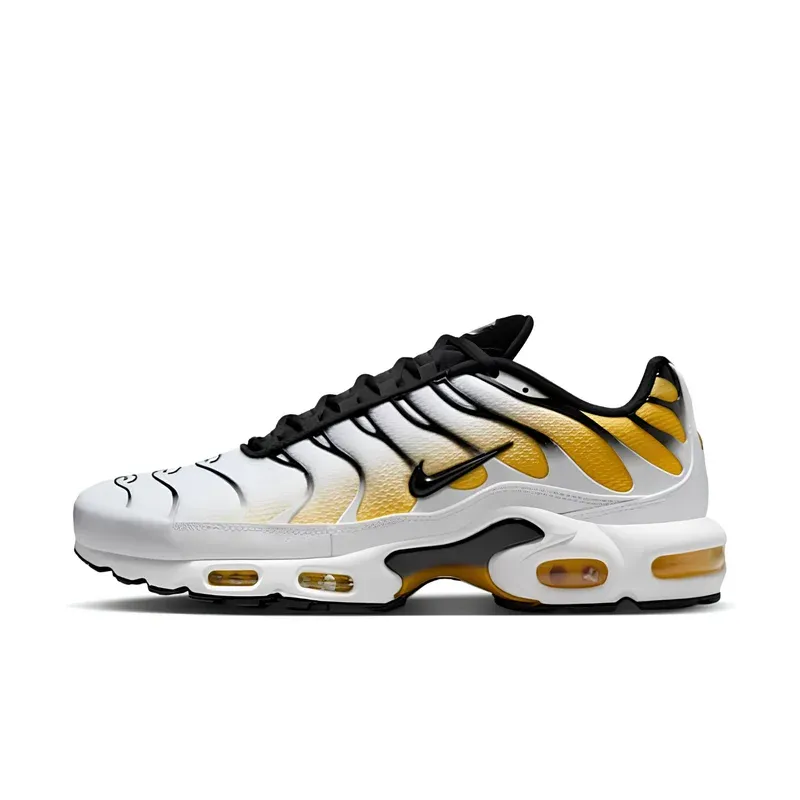 Nike Air Max Plus TN White Varsity Maize Black u kombinaciji bele i žute boje — bočni pogled