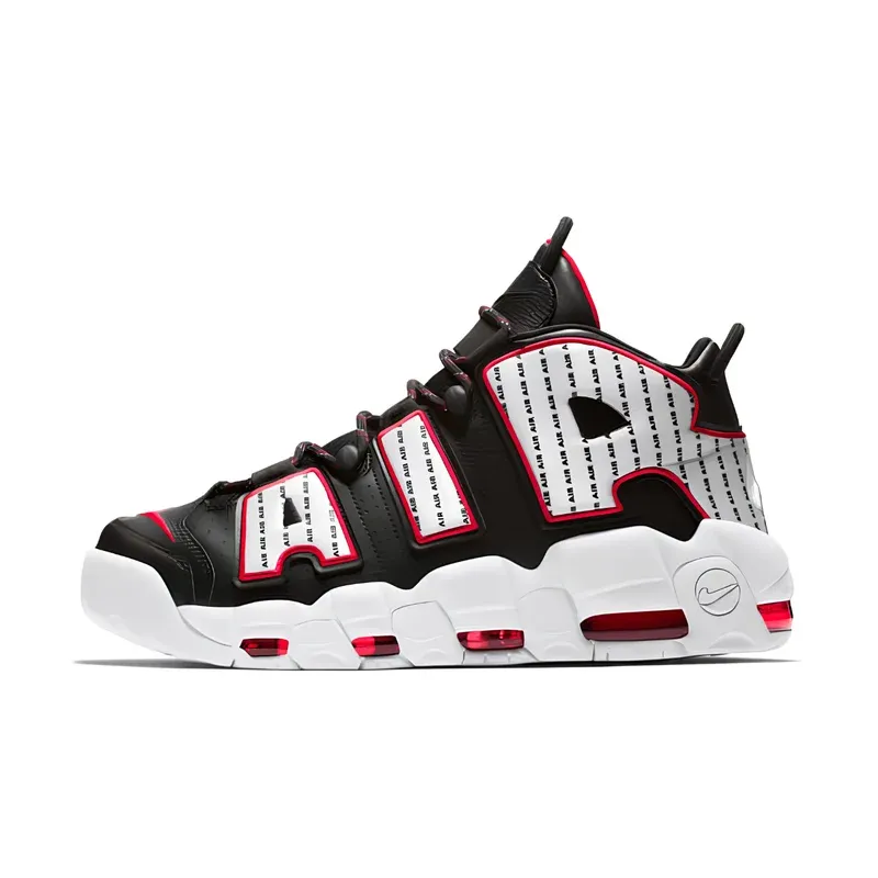 Nike Air More Uptempo Pinstripe u kombinaciji crne i crvene boje — bočni pogled