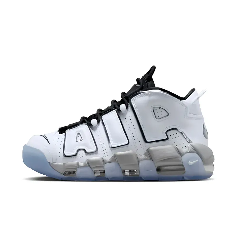 Nike Air More Uptempo White & Chrome u kombinaciji bele i crne boje — bočni pogled